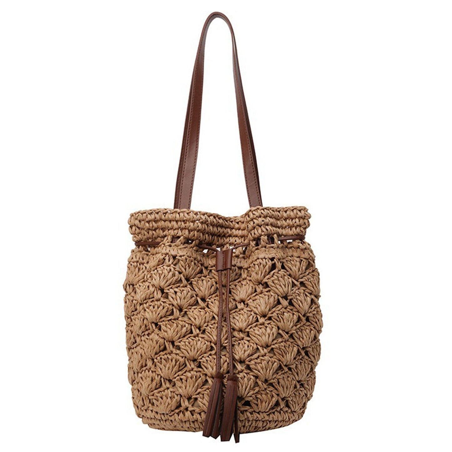 Woven Bucket Shoulder Bag with Drawstring Closure Faux Leather Strap Tassel Detail Lightweight Handbag