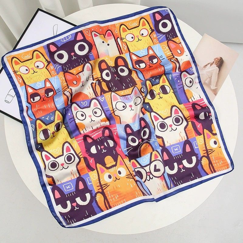 Square Cat Print Silk Feel Satin Scarf Cute Animal Neck Wrap 27.5 Inch