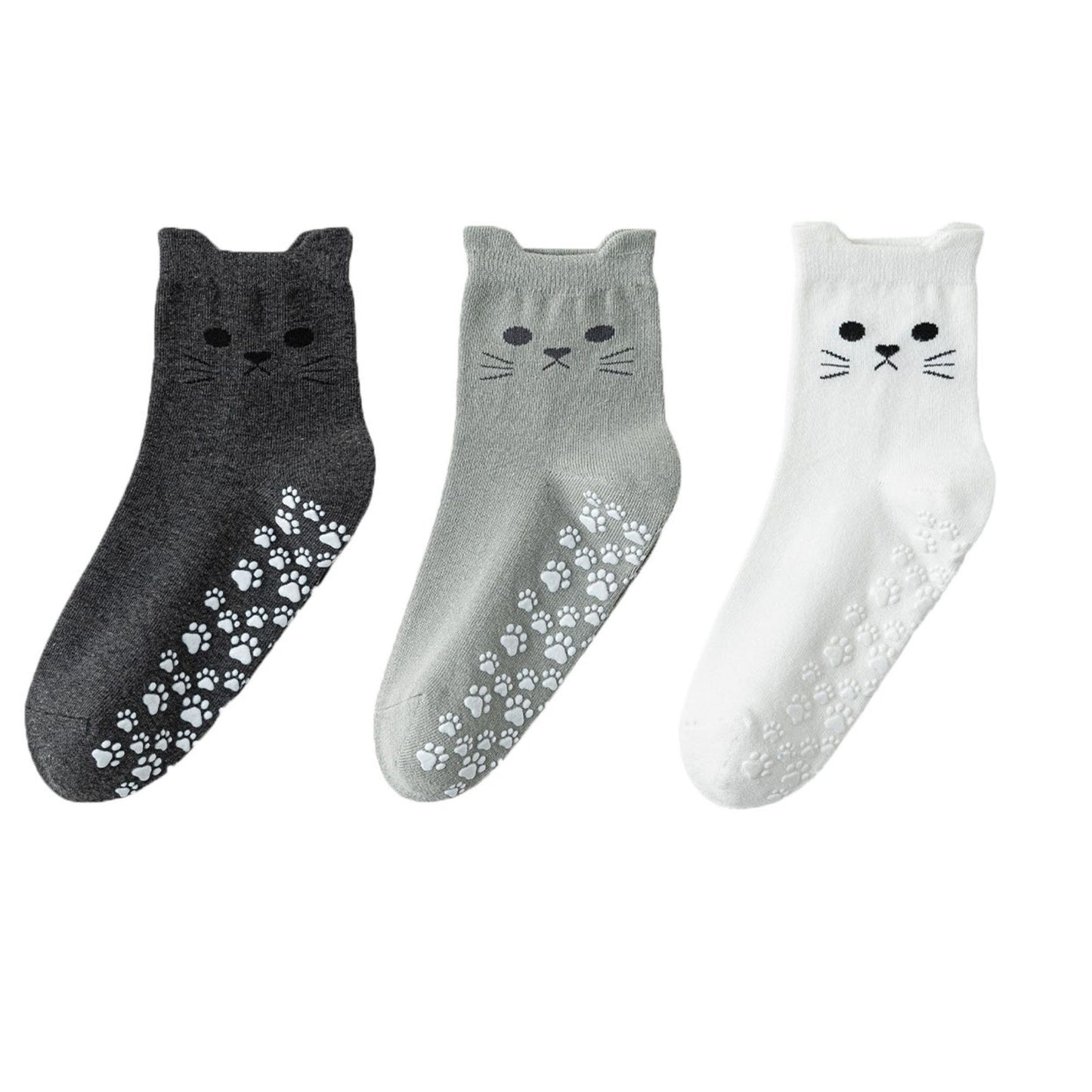 Cat Face Grip Socks with Paw Print Anti-Slip Sole Soft Knit Ankle Socks for Home or Yoga 3-Pack