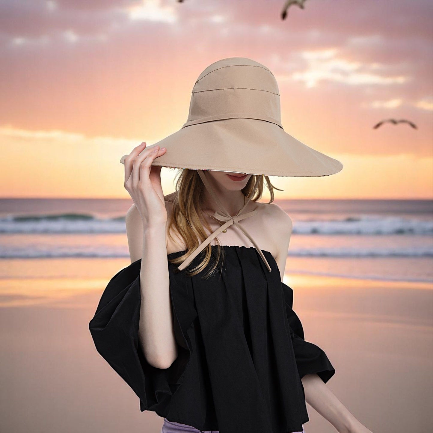 Wide Brim Sun Hat with Ponytail Hole Neck Tie Closure and Patterned Lining for UV Protection and Outdoor Style