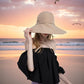 Wide Brim Sun Hat with Ponytail Hole Neck Tie Closure and Patterned Lining for UV Protection and Outdoor Style