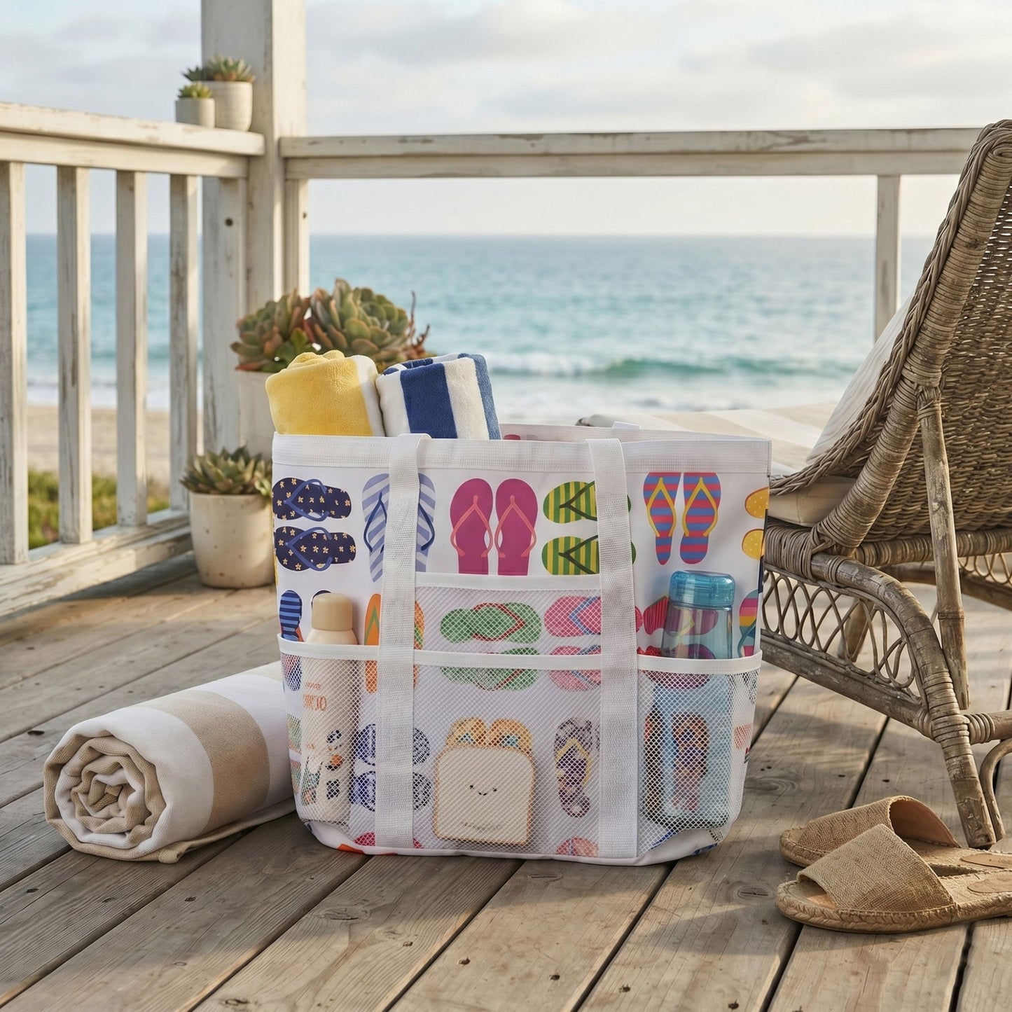 Printed Beach Tote Bag with Mesh Pockets and Shoulder Handles