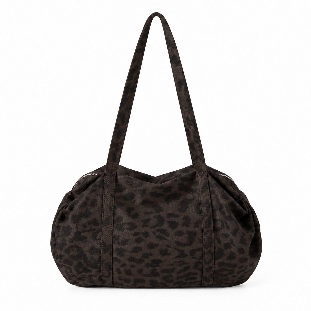 Leopard Print Barrel Shoulder Bag with Zip Closure and Interior Pockets