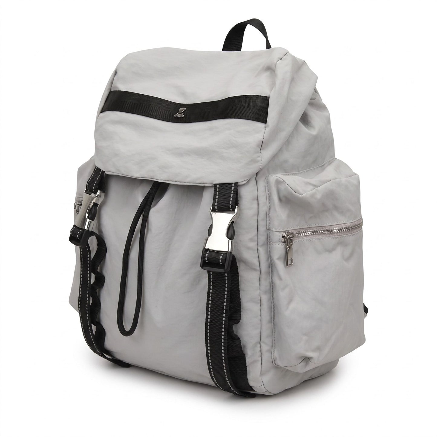 Flap Drawstring Backpack with Dual Buckle Straps and Zippered Side Pockets