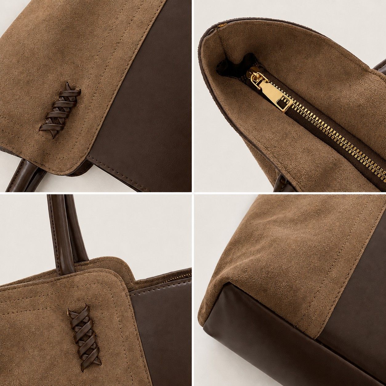 Faux Suede Tote Bag with Double Shoulder Handles Zip Closure and Interior Pockets