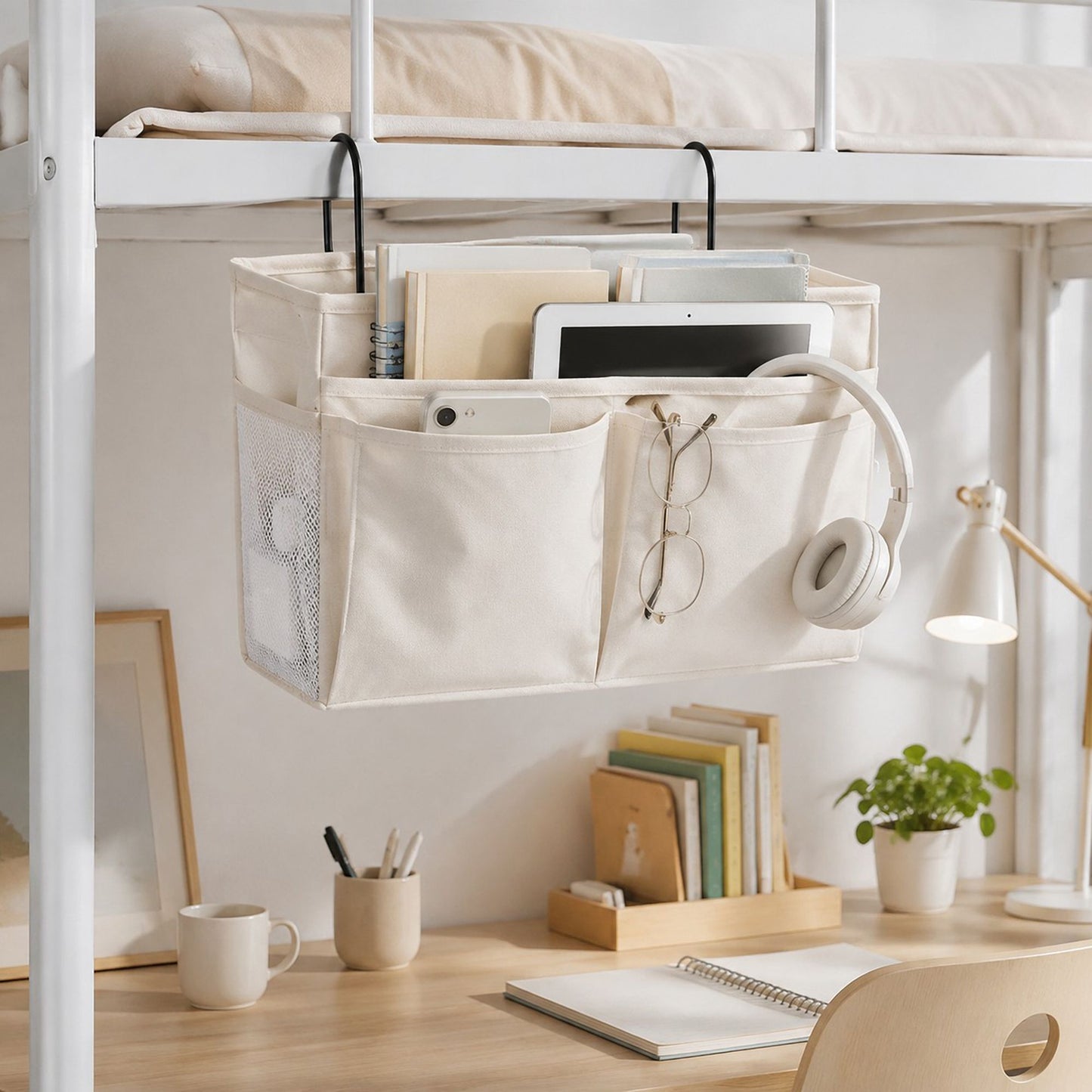 Hanging Bedside Storage Caddy with Hooks and Multiple Pockets Bed Rail Organizer