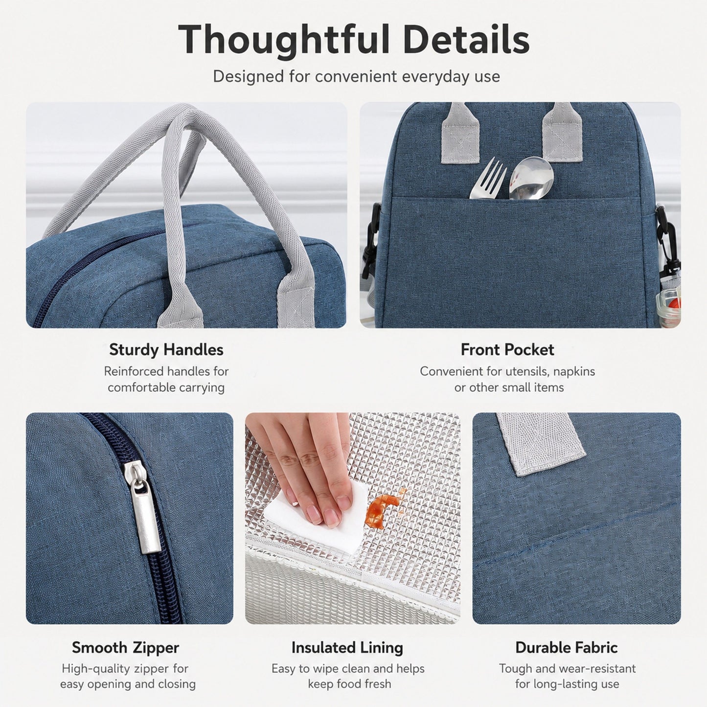 Insulated Lunch Tote Bag with Front Pocket and Adjustable Shoulder Strap