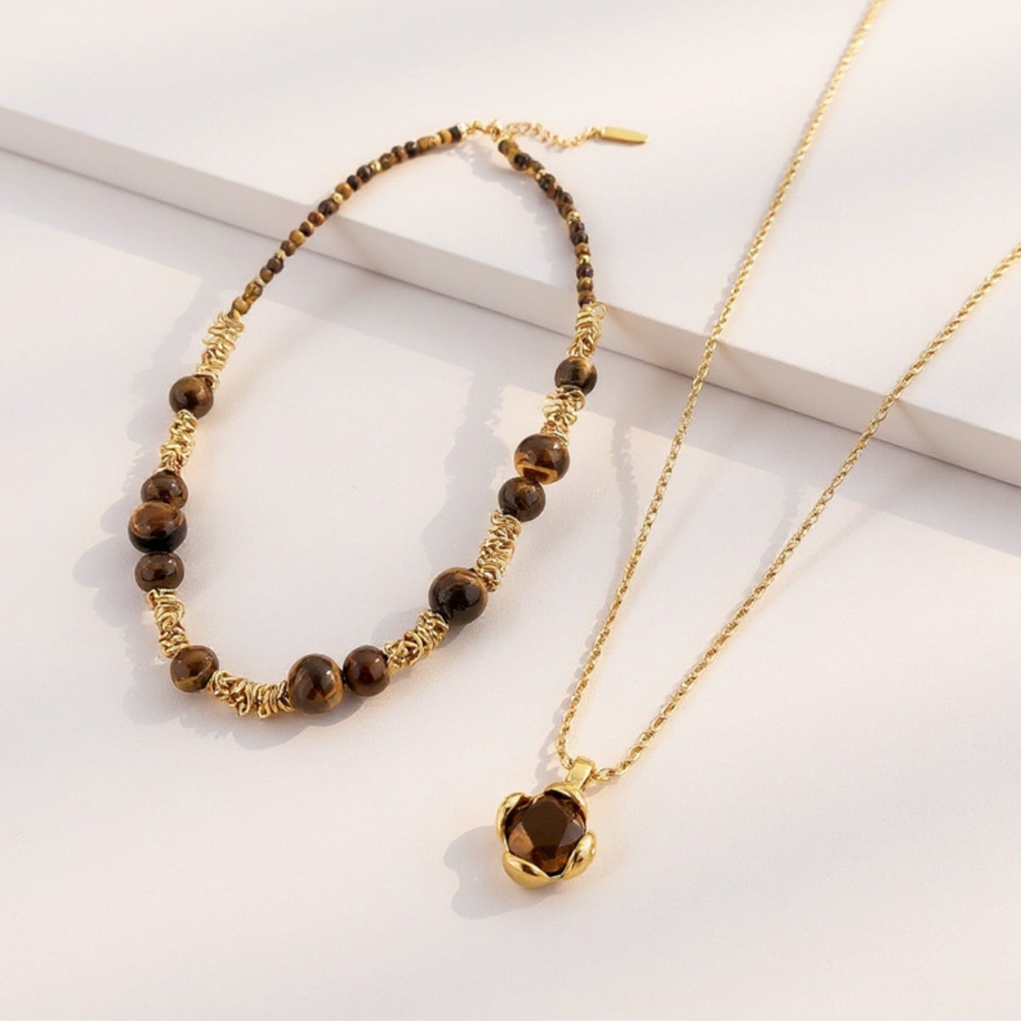 Women's Layered Necklace Set with Beaded Choker and Gemstone Pendant