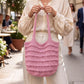 Crochet Knit Tote Bag with Openwork Ruffle Design and Long Handles