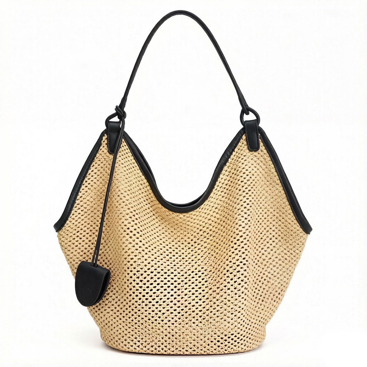 Woven Shoulder Bag with Faux Leather Trim Slouchy Hobo Handbag Lightweight Large Capacity Tote