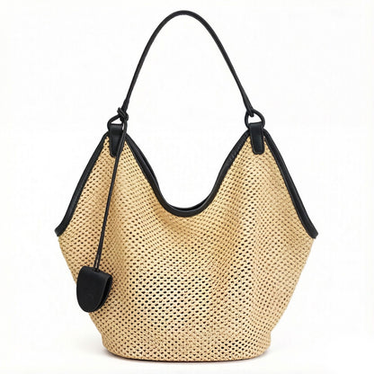 Woven Shoulder Bag with Faux Leather Trim Slouchy Hobo Handbag Lightweight Large Capacity Tote