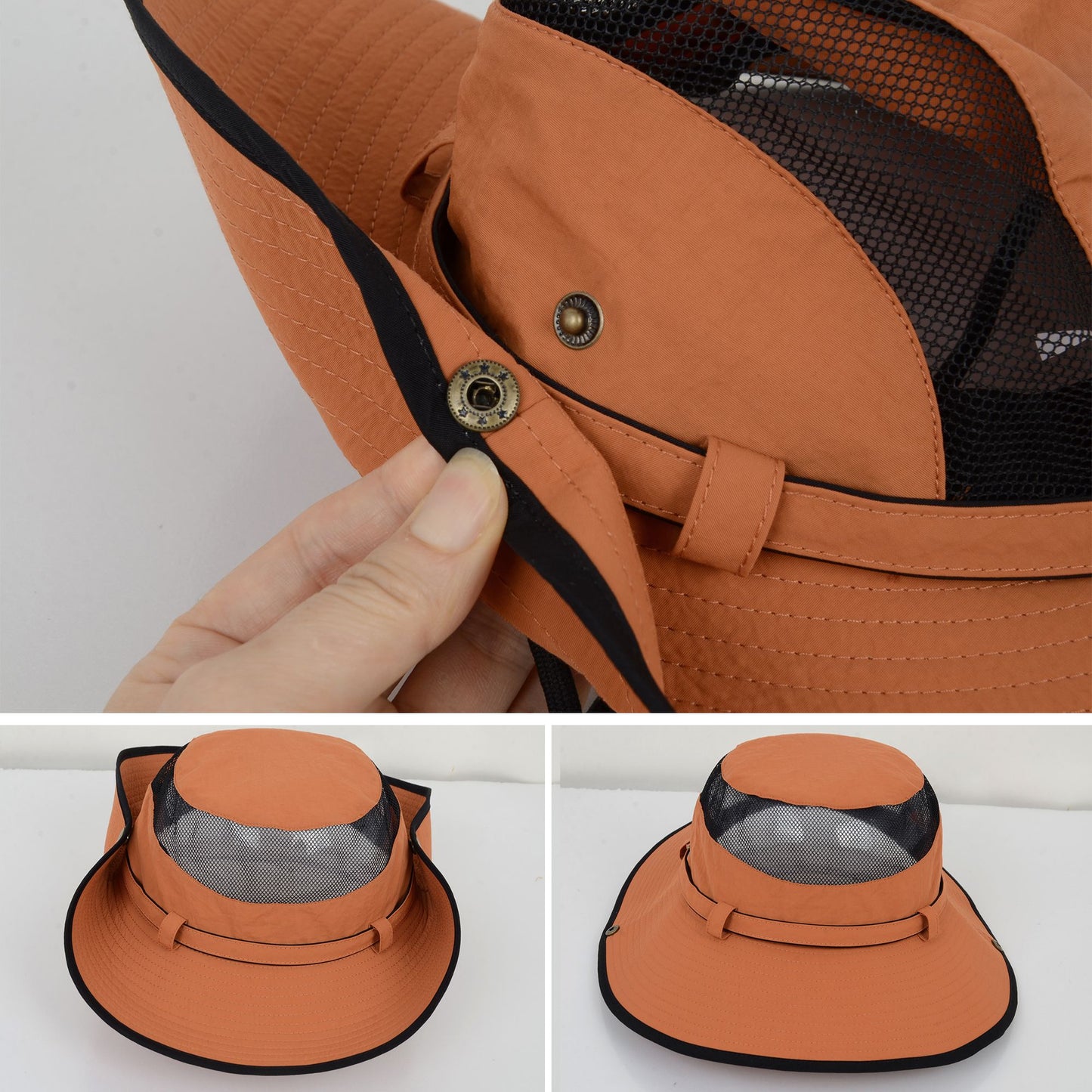 Wide Brim Outdoor Hat with Mesh Ventilation Snap-Up Sides and Chin Strap for Hiking, Beach, Travel, and Sun Protection