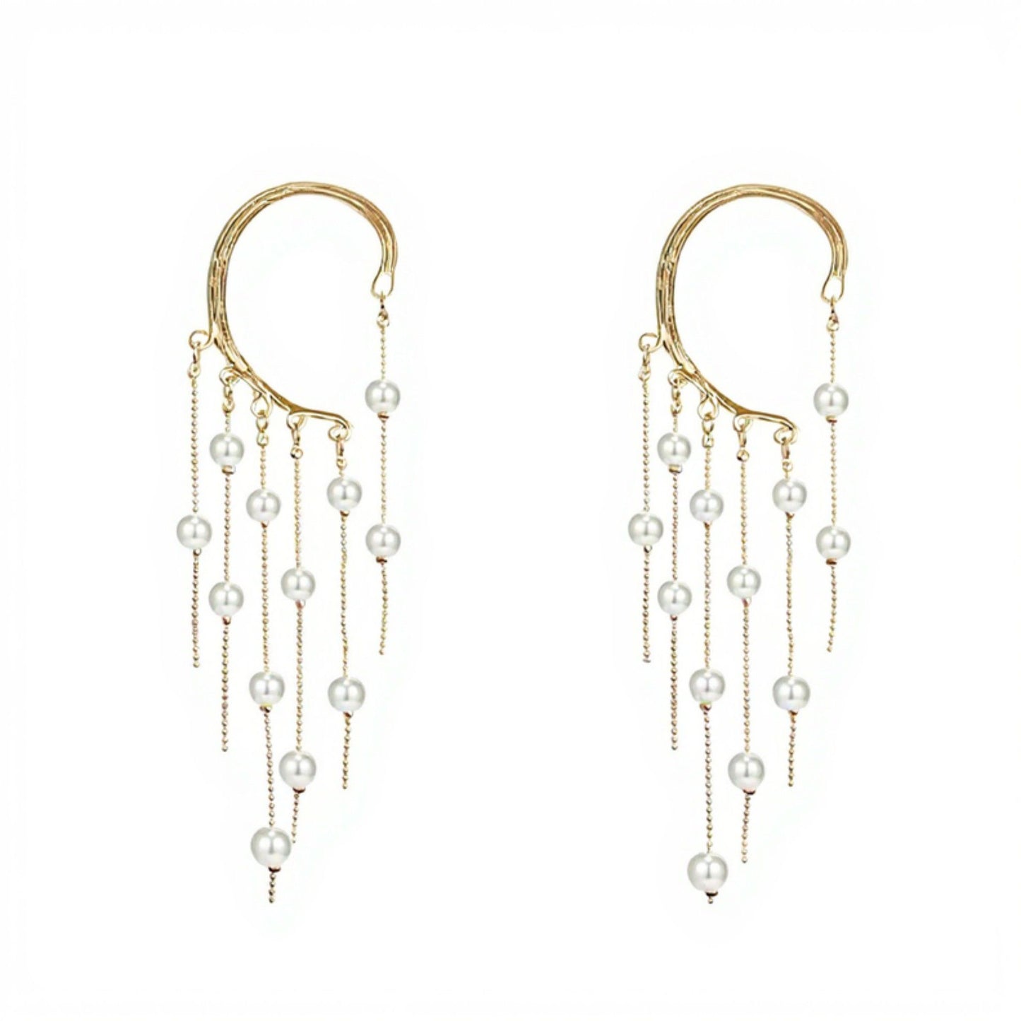 Women's Gold Tone Ear Cuff Drop Earrings with Layered Chains and Simulated Pearl Dangles