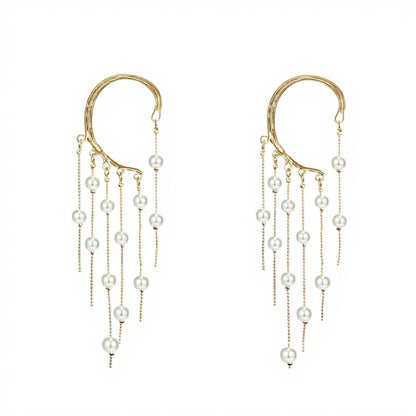 Women's Gold Tone Ear Cuff Drop Earrings with Layered Chains and Simulated Pearl Dangles