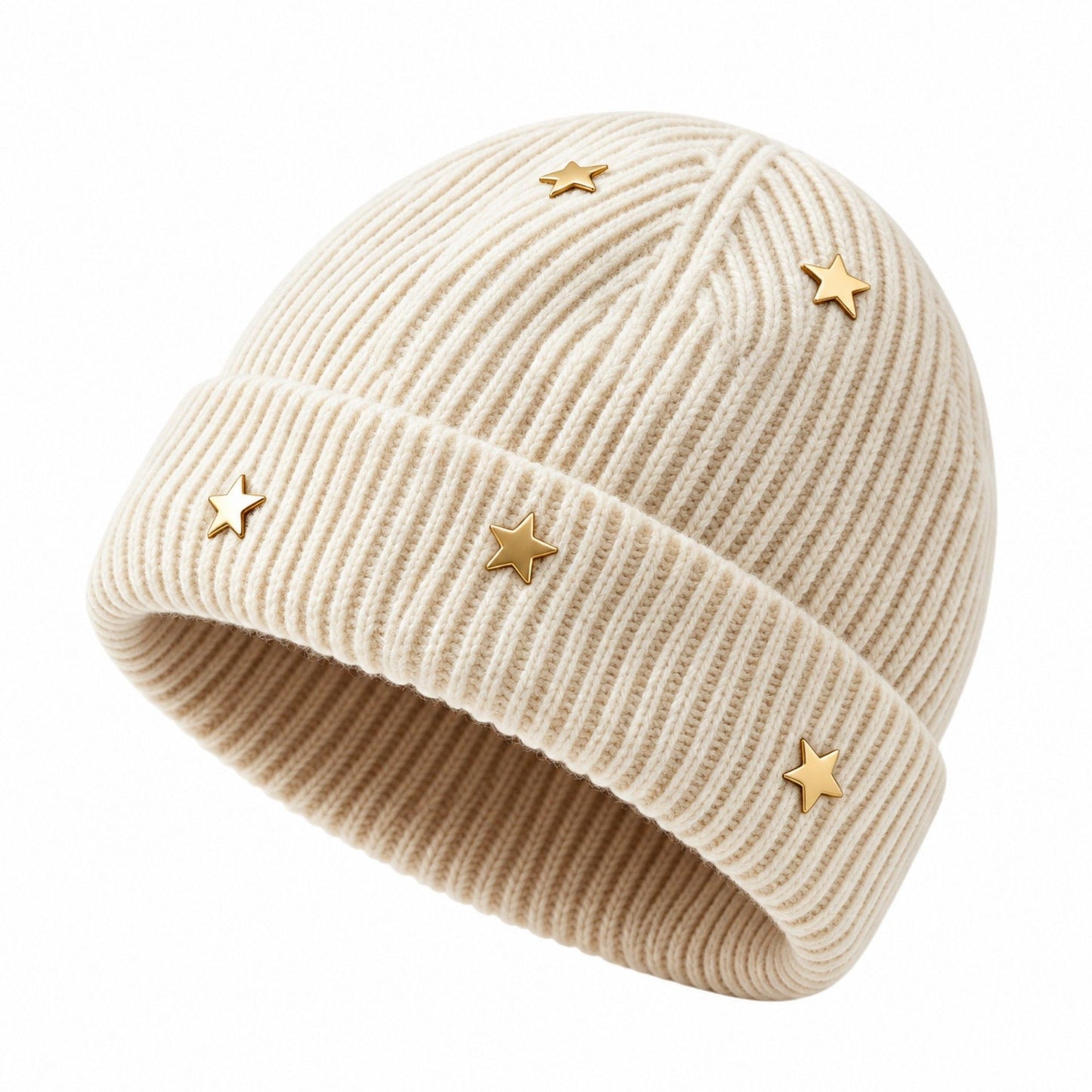 Star Stud Ribbed Knit Beanie Cuffed Winter Hat