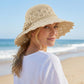 Crochet Wide Brim Sun Hat with Scalloped Edge Floral Accent and Chin Strap