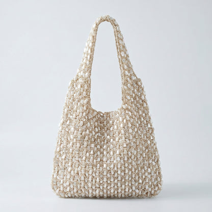 Beaded Shoulder Bag with Macrame Open Weave Double Strap Design