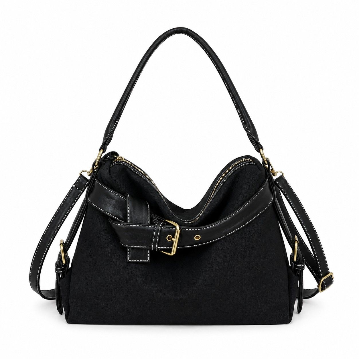 Slouchy Shoulder Hobo Bag with Adjustable Strap Buckle Detail and Inner Zip Pocket