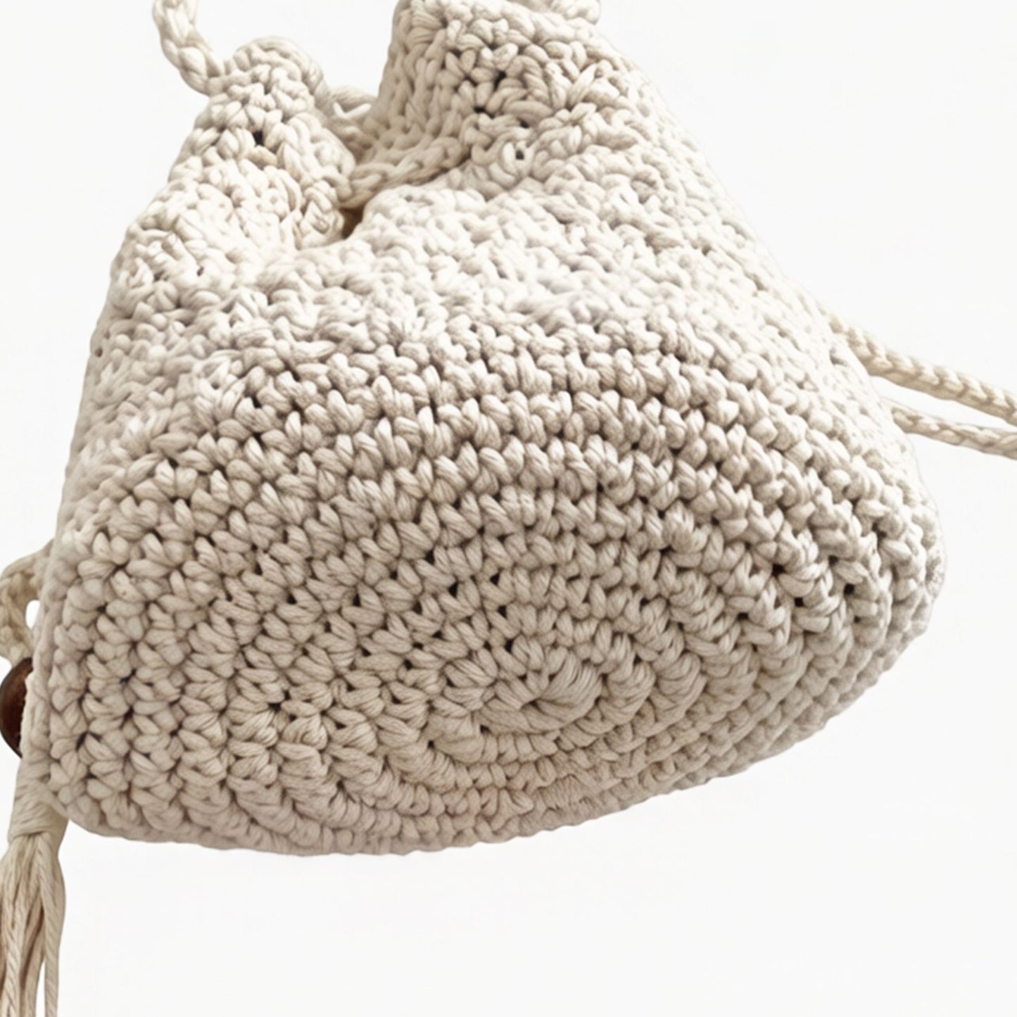 Crochet Bucket Bag with Drawstring Closure Tassel Detail Long Strap Knit Crossbody Handbag