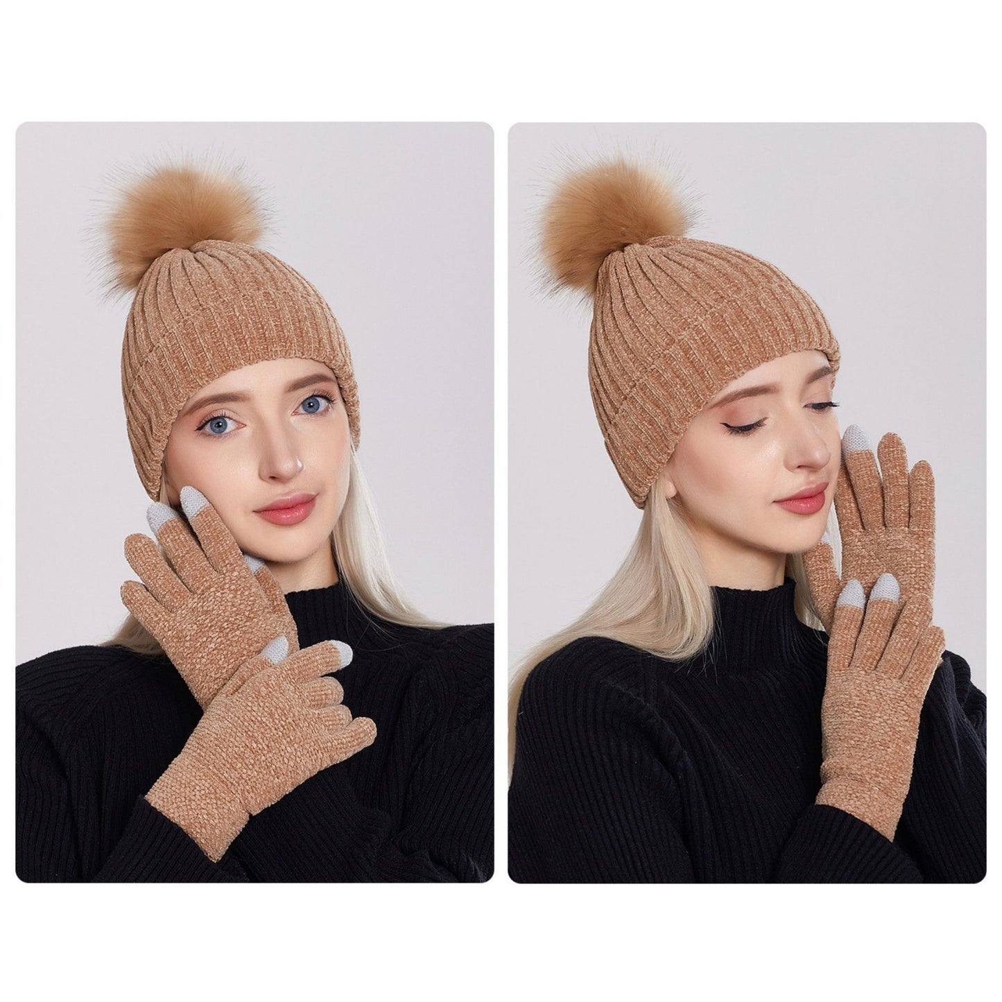 Knit Beanie and Touchscreen Gloves 2-Piece Winter Accessory Set with Ribbed Cuff Design and Fluffy Pom Pom Detail