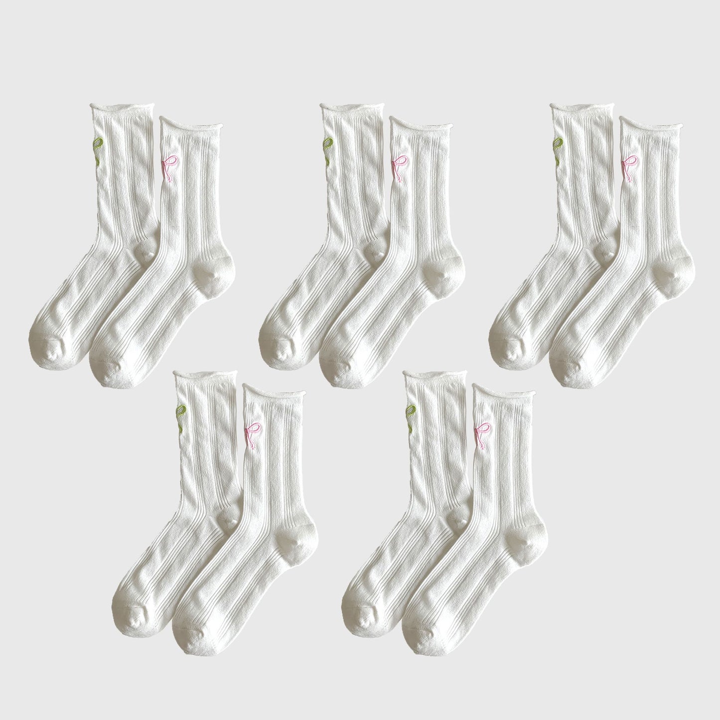 Adorable Bow-Embroidered Ribbed Ankle Socks 5Pk