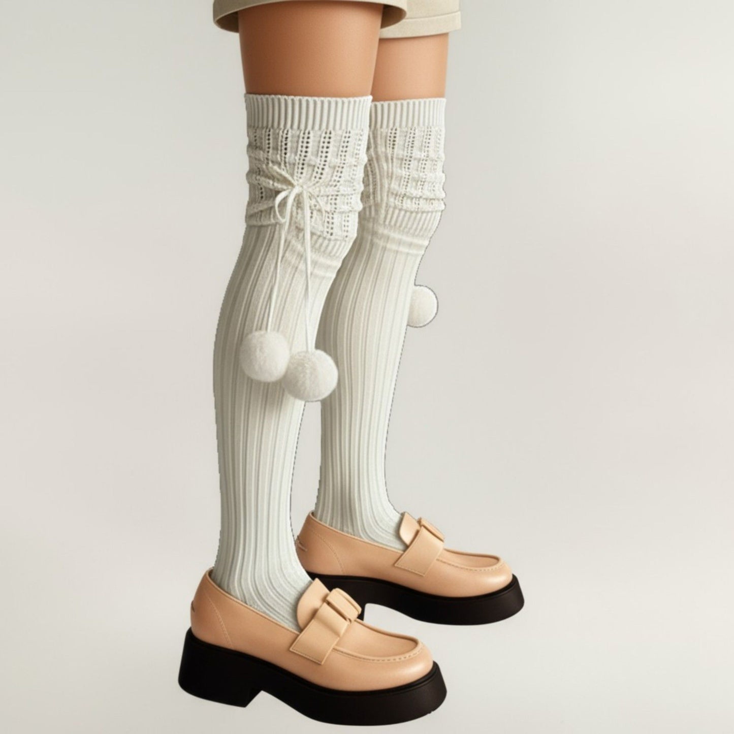 2pcs Women's Over-the-Knee Knit Socks with Pom Pom Tie and Ribbed Pattern
