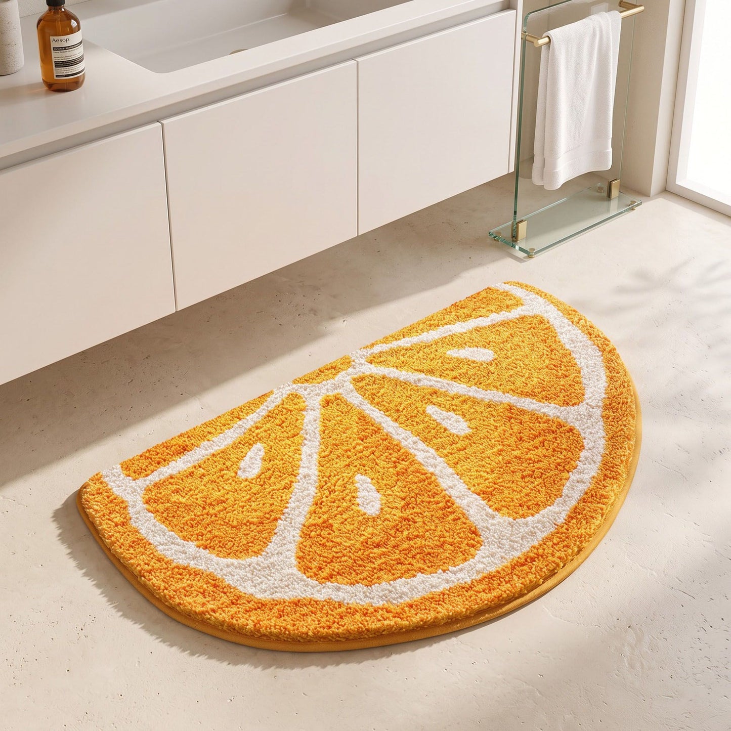 Kiwi Fruit Slice Plush Semicircle Bathroom Mat with Green Tufted Design