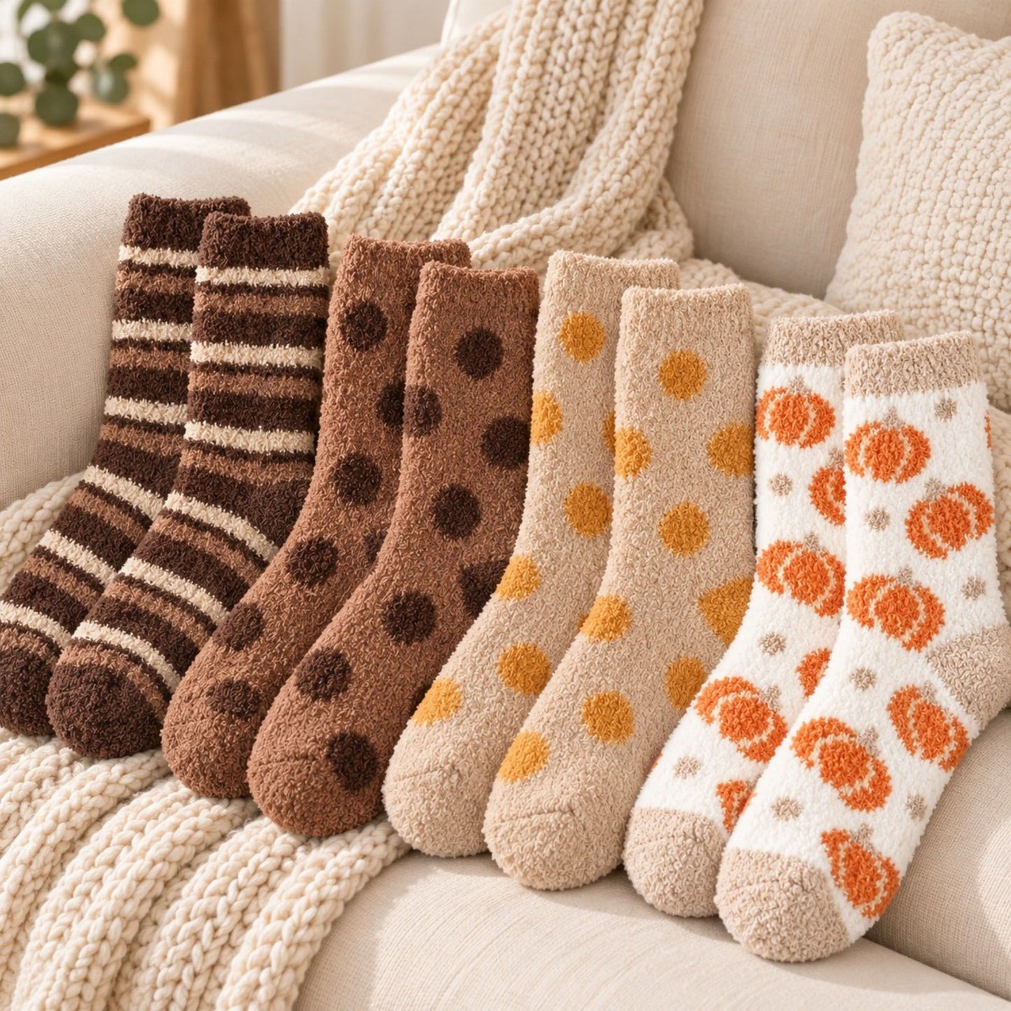 Warm Tone Fuzzy Crew Socks 4-Pair Set US 5-10.5