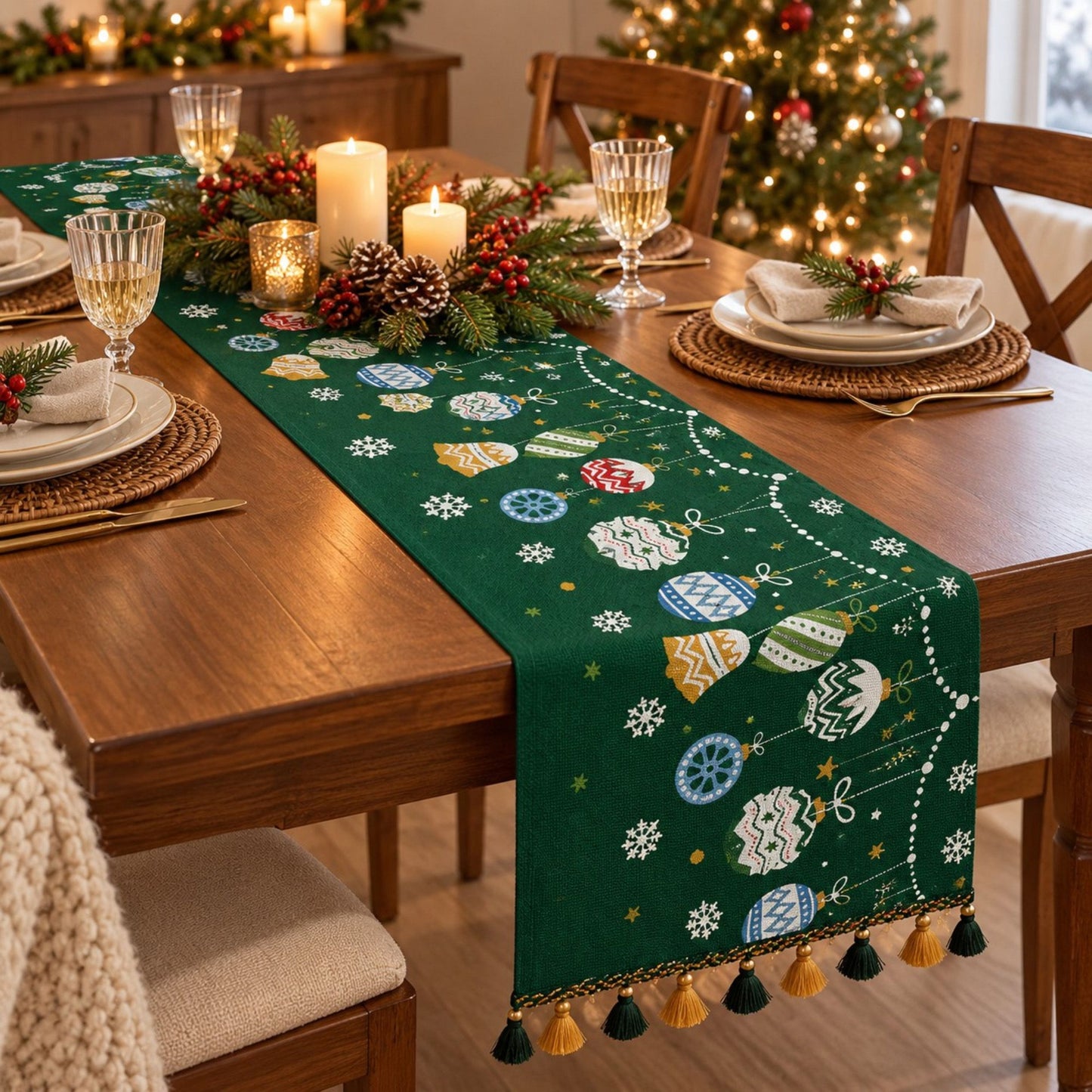Christmas Ornament Chenille Jacquard Table Runner with Tassels for Holiday Dining Decor