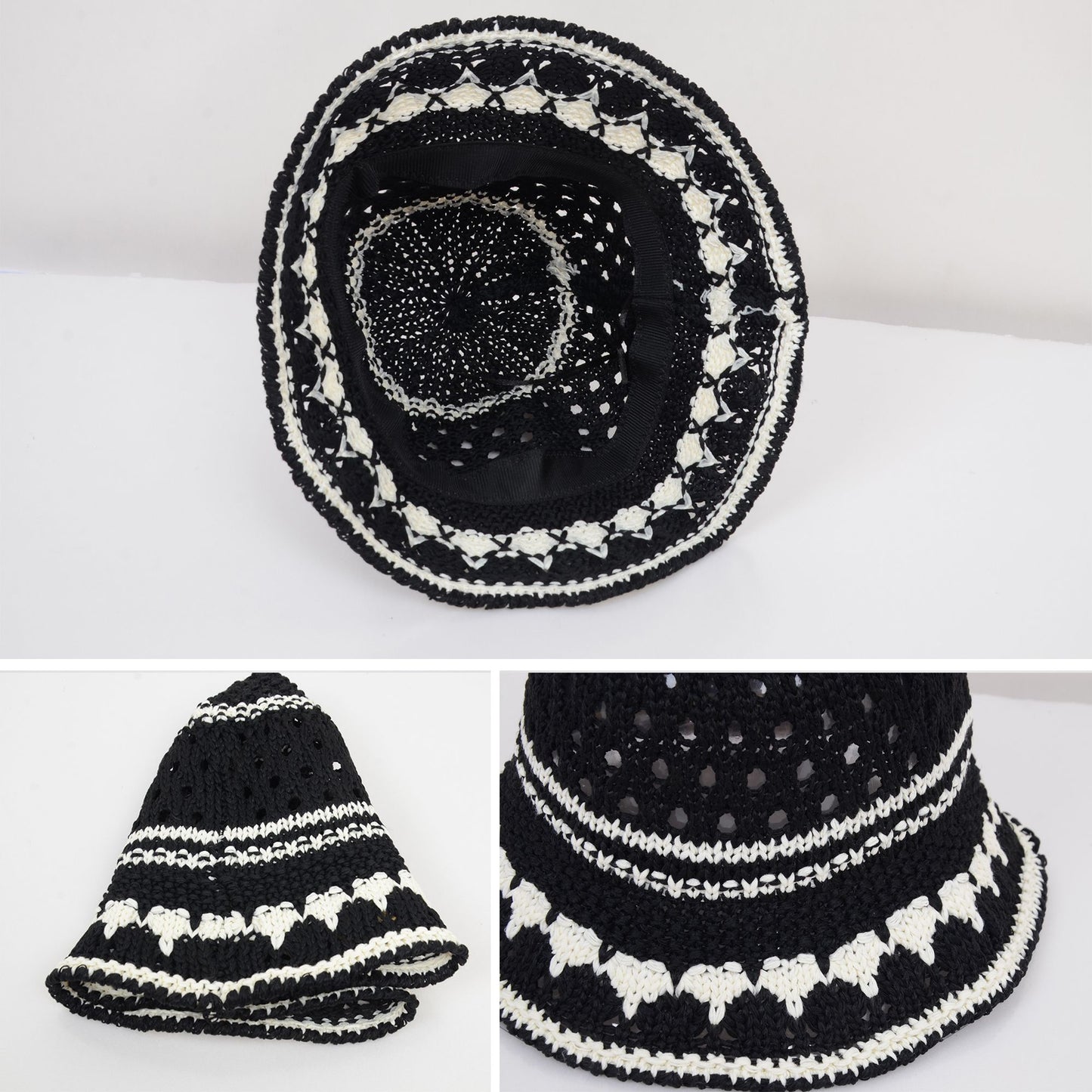 Crochet Knit Bucket Hat with Openwork Floral Pattern and Rolled Brim for Lightweight Summer Style