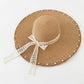 Wide Brim Sun Hat with Lace Bow and Pearl Trim