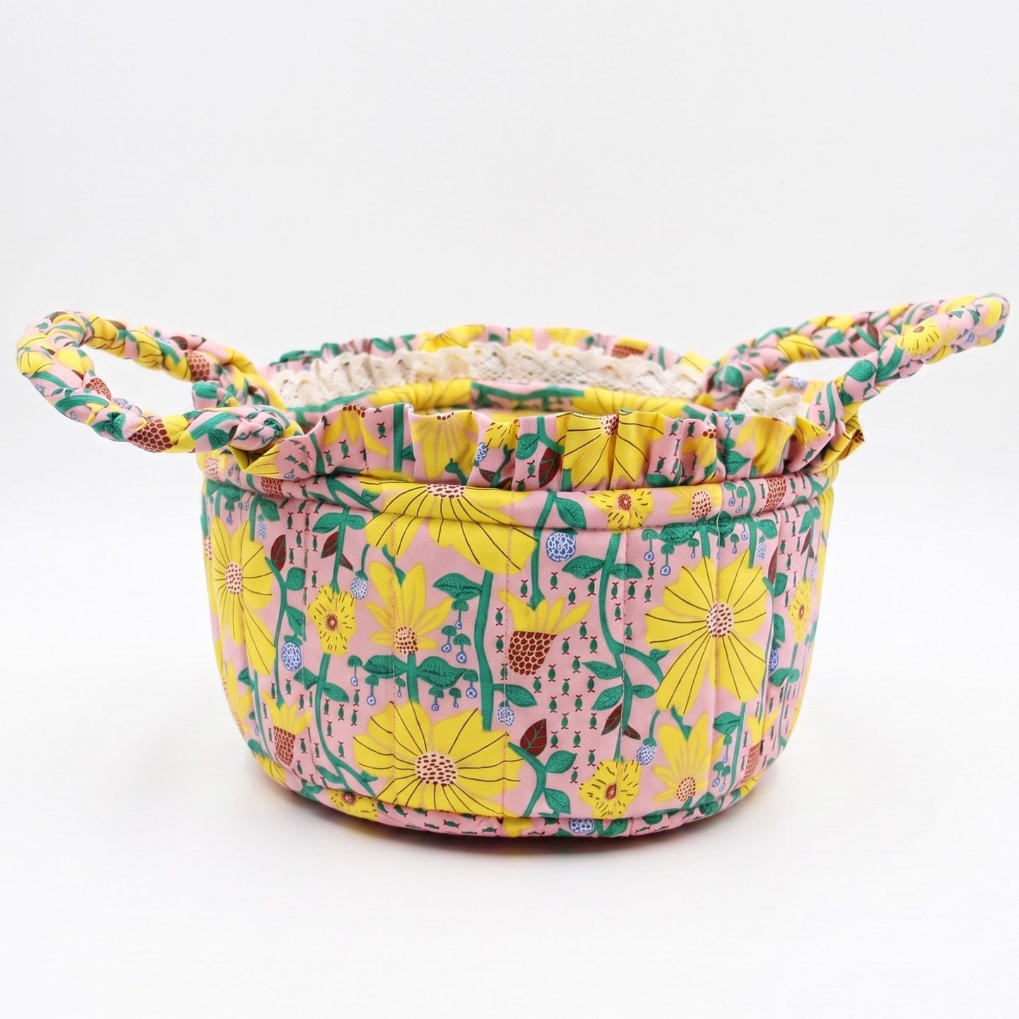 Floral Quilted Fabric Storage Basket with Carry Handles
