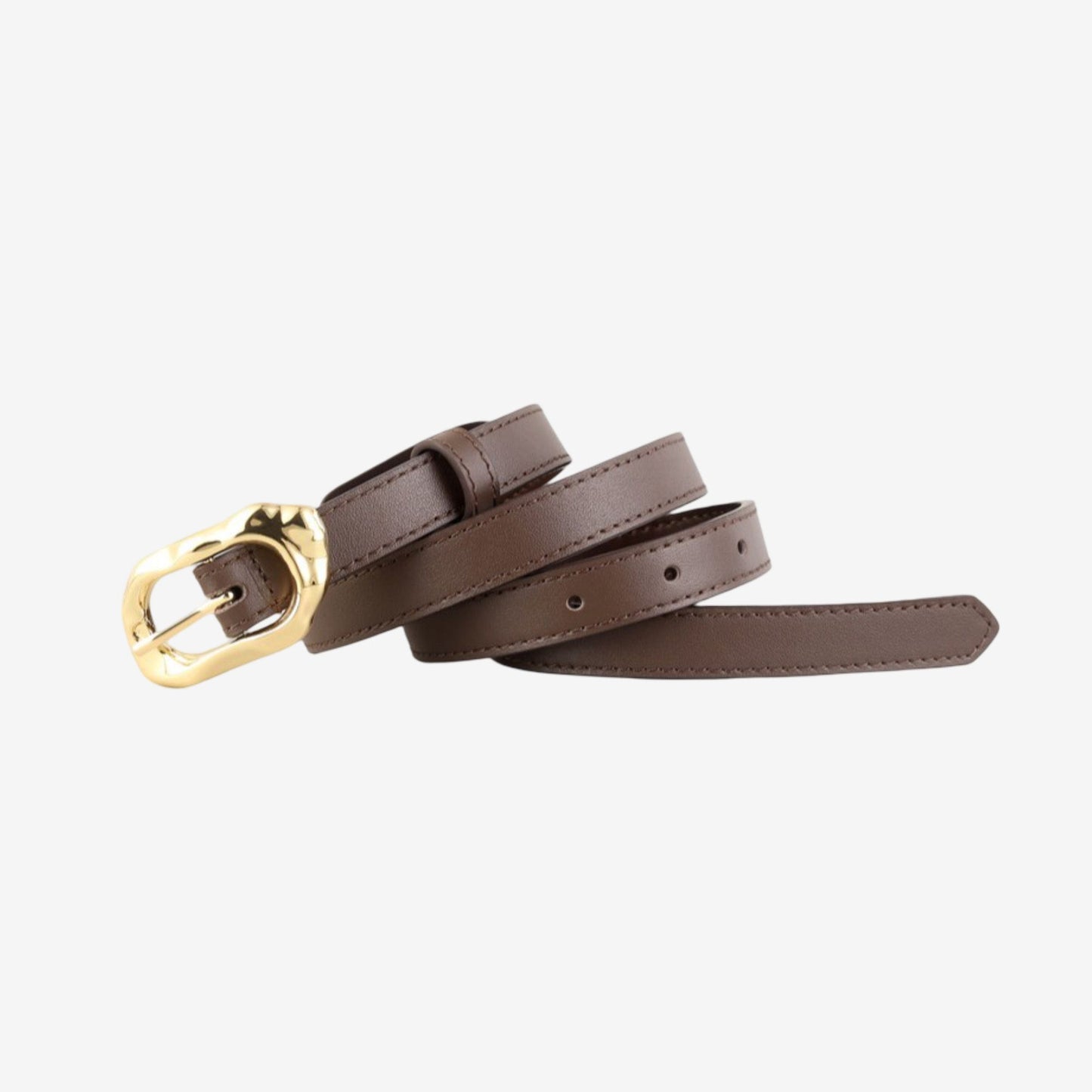 Genuine Leather Skinny Belt with Irregular Gold Tone Buckle 39.4in