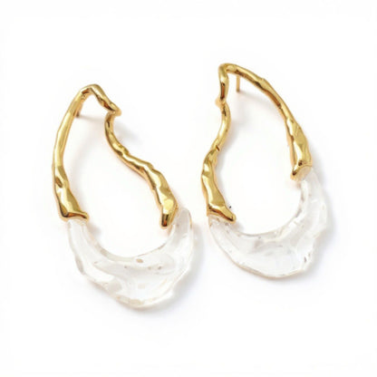 Women's Abstract Hoop Earrings with Textured Metal and Clear Resin Design 2in