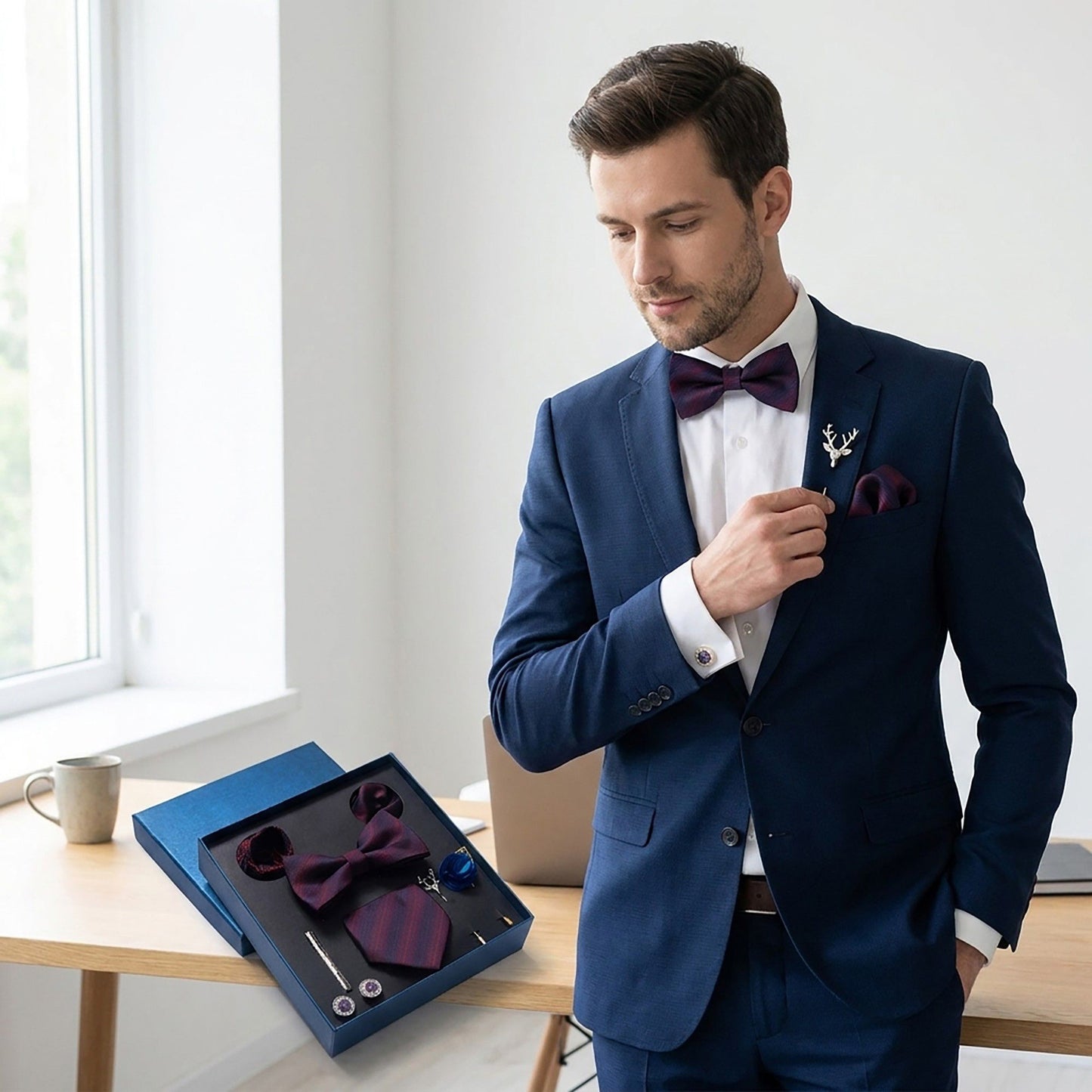 Men's Micro Grid Pattern Bow Tie Gift Set Pre-Tied Bowtie Pocket Square Cufflinks Tie Clip Formal Accessory Set