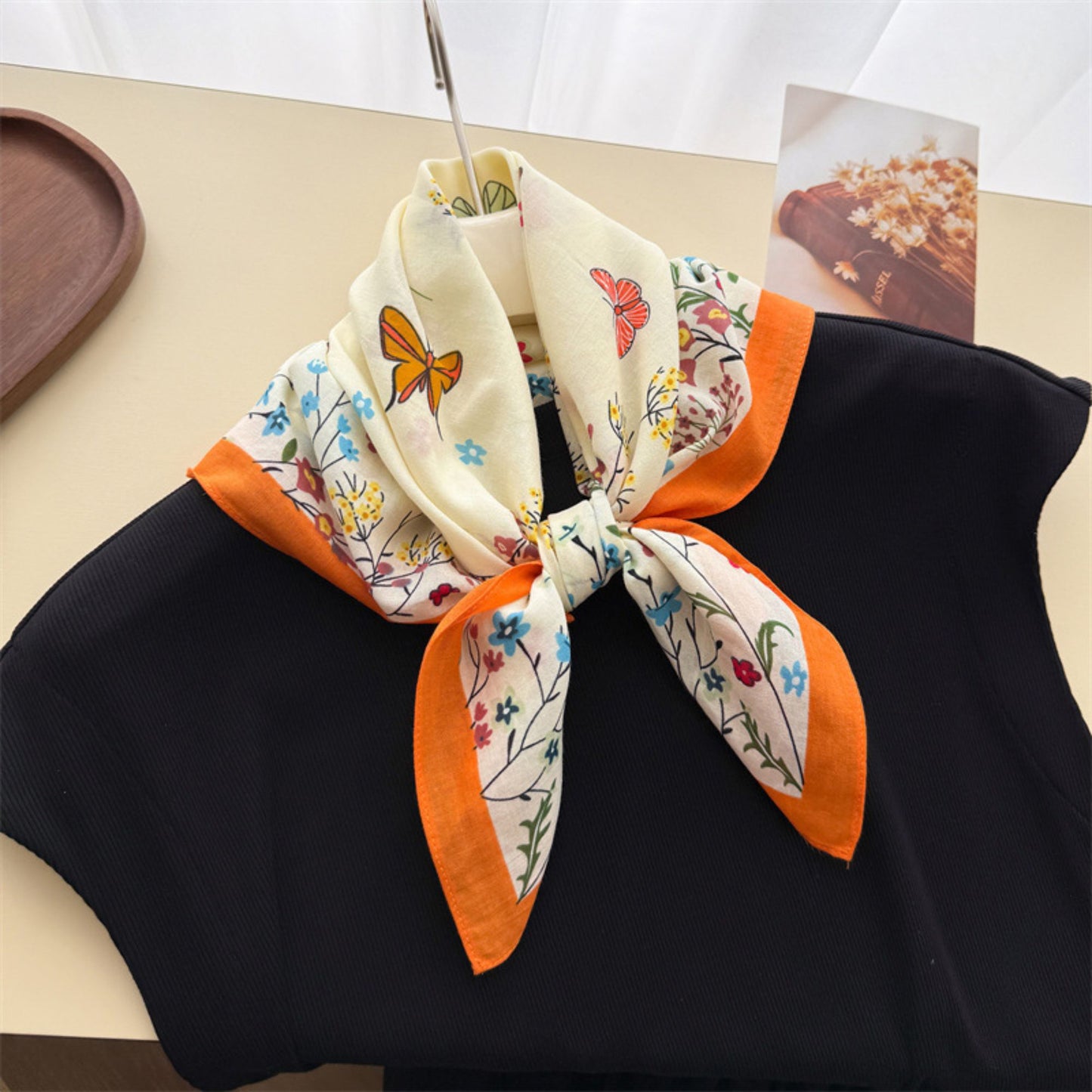 Pure Cotton Butterfly Floral Print Square Scarf Lightweight Fashion Neck Hair Scarf 25.5¡Á25.5 Inches