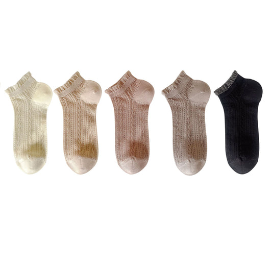 5 Pairs Ruffle Cuff Lace Knit Ankle Socks Breathable Soft Stretch Fabric with Multiple Color Options