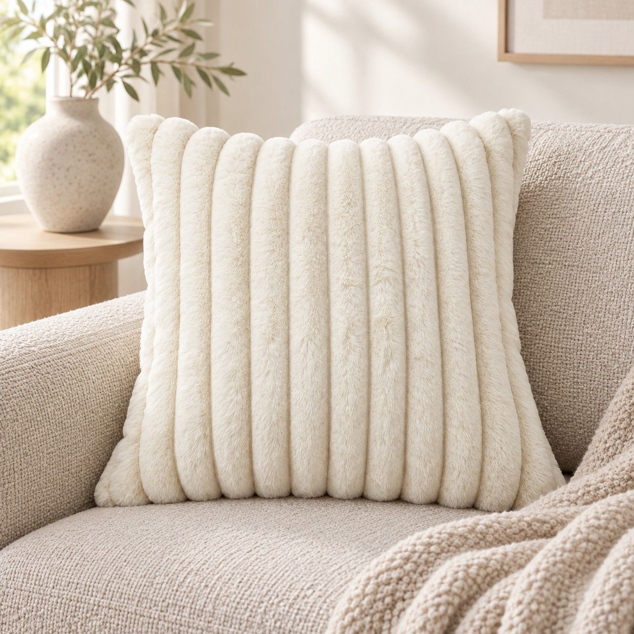 Double Sided Plush Corduroy Throw Pillow Cover 18 x 18 Inch Wide Stripe Texture