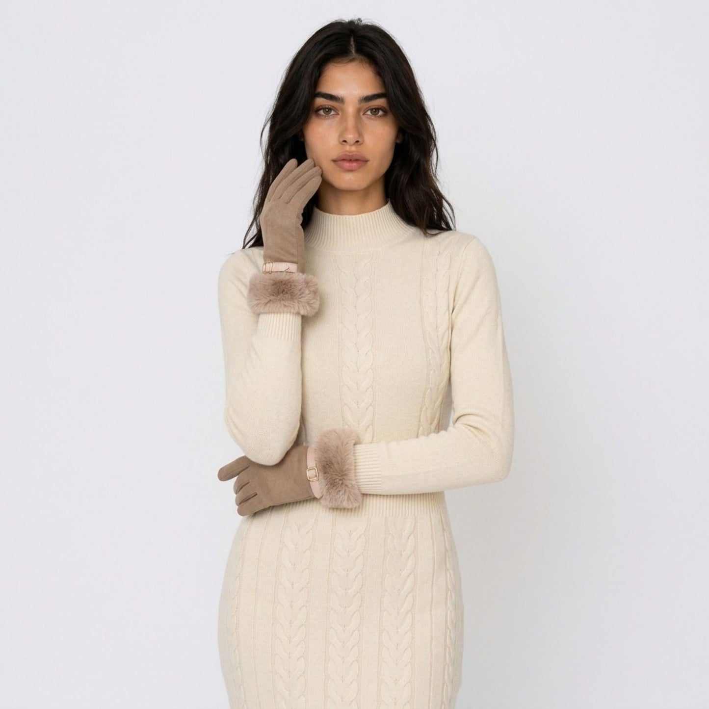 Faux Suede Gloves with Faux Fur Cuff and Buckle Detail 9.9 x 3.9in