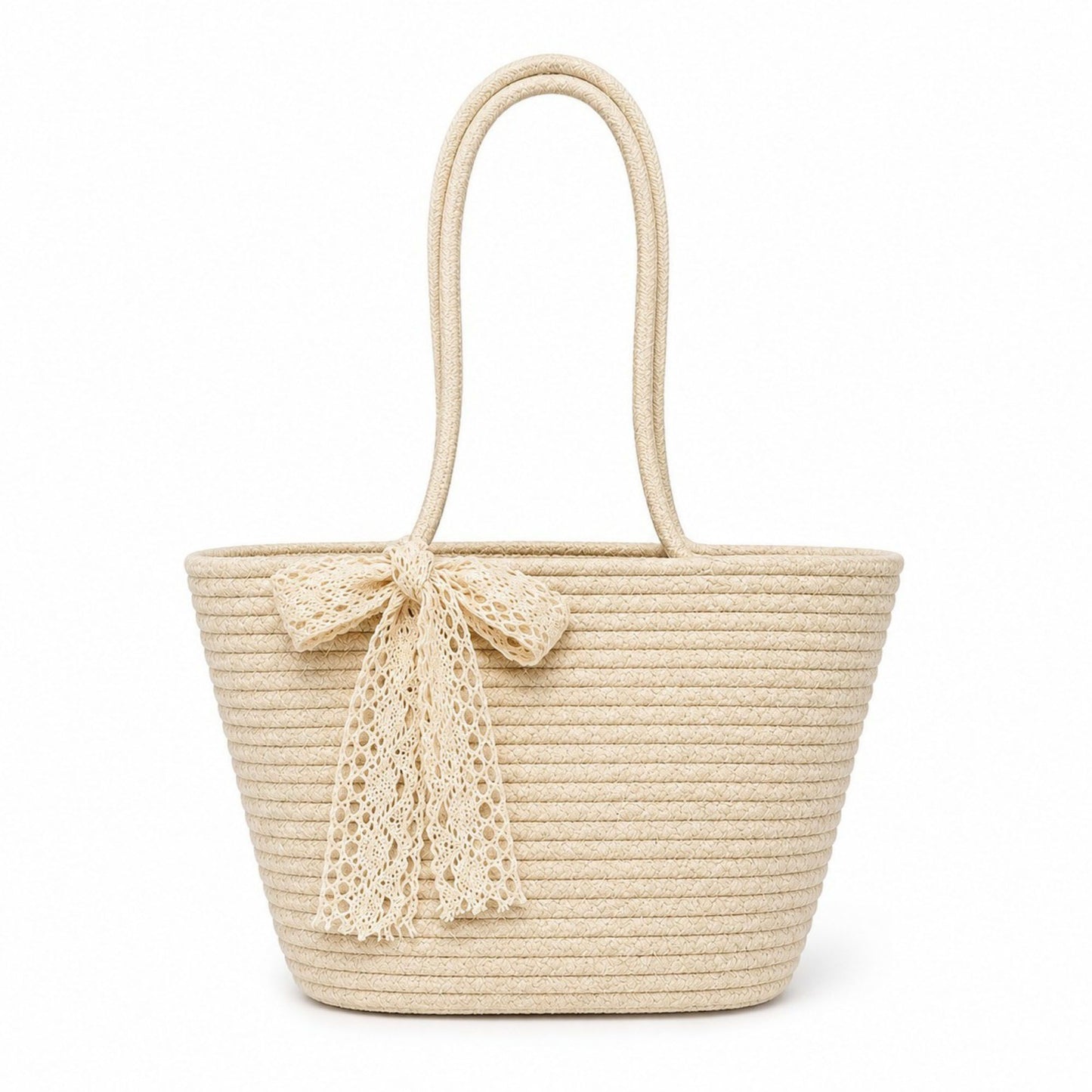 Woven Straw Style Tote Bag Large Capacity Shoulder Bag with Lace Bow Detail