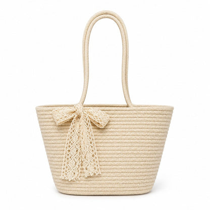 Woven Straw Style Tote Bag Large Capacity Shoulder Bag with Lace Bow Detail