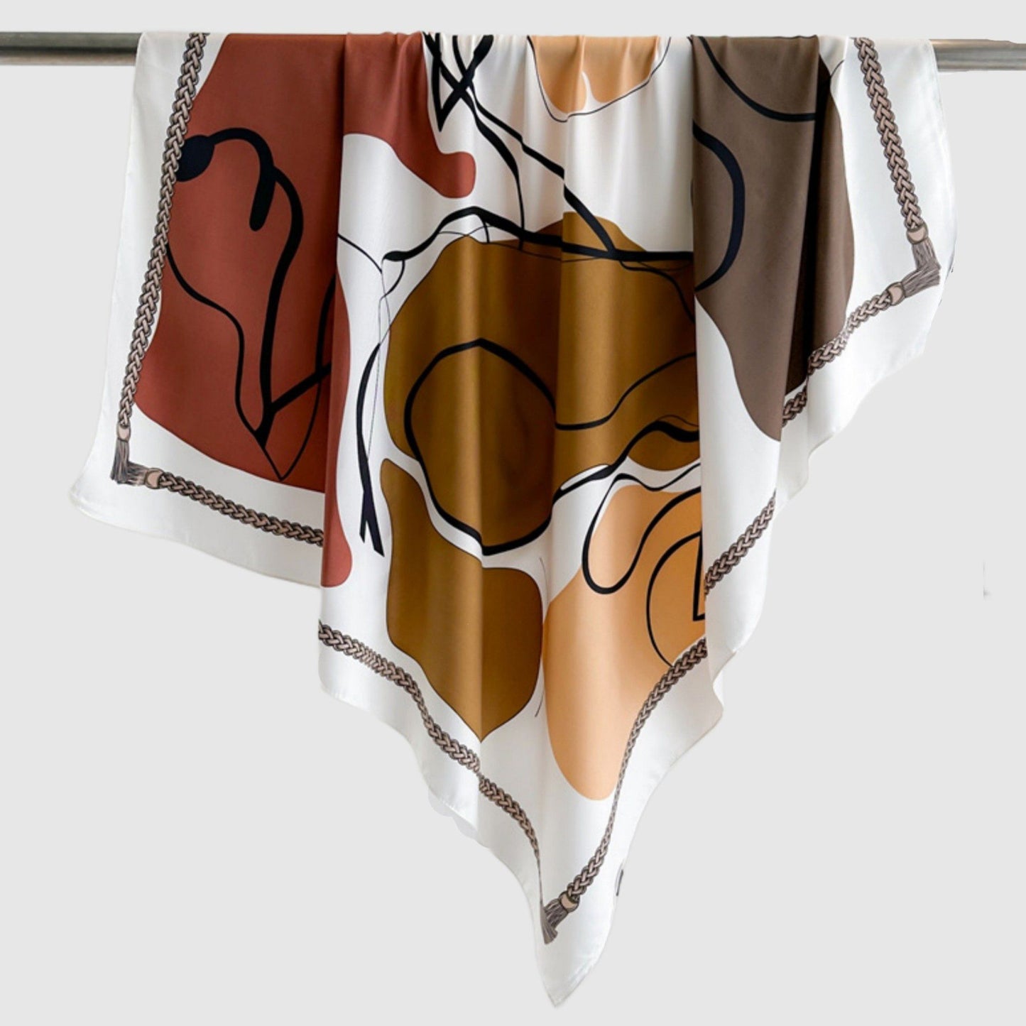 Abstract Art Satin Square Scarf with Braided Border Trim 35.5x35.5in