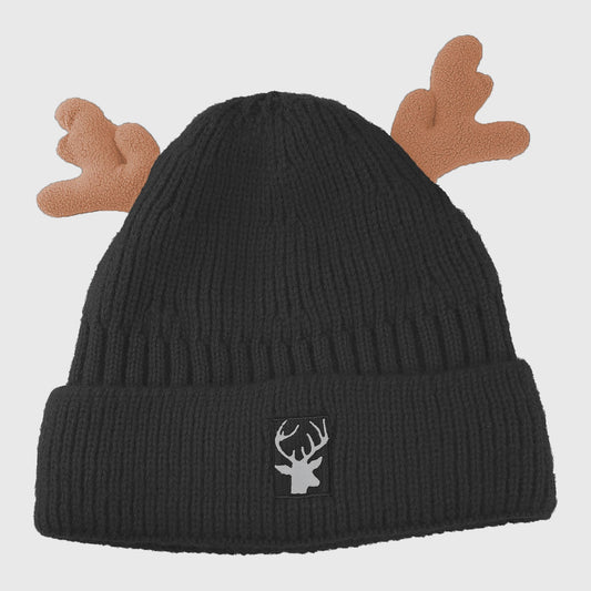 Knit Beanie with Reindeer Antlers - Festive Winter Hat