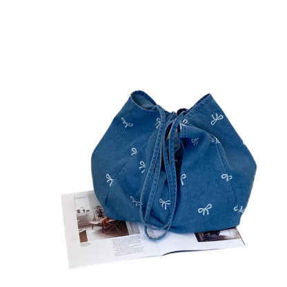 Denim Tote Bag with Printed Bow Design and Large Spacious Interior