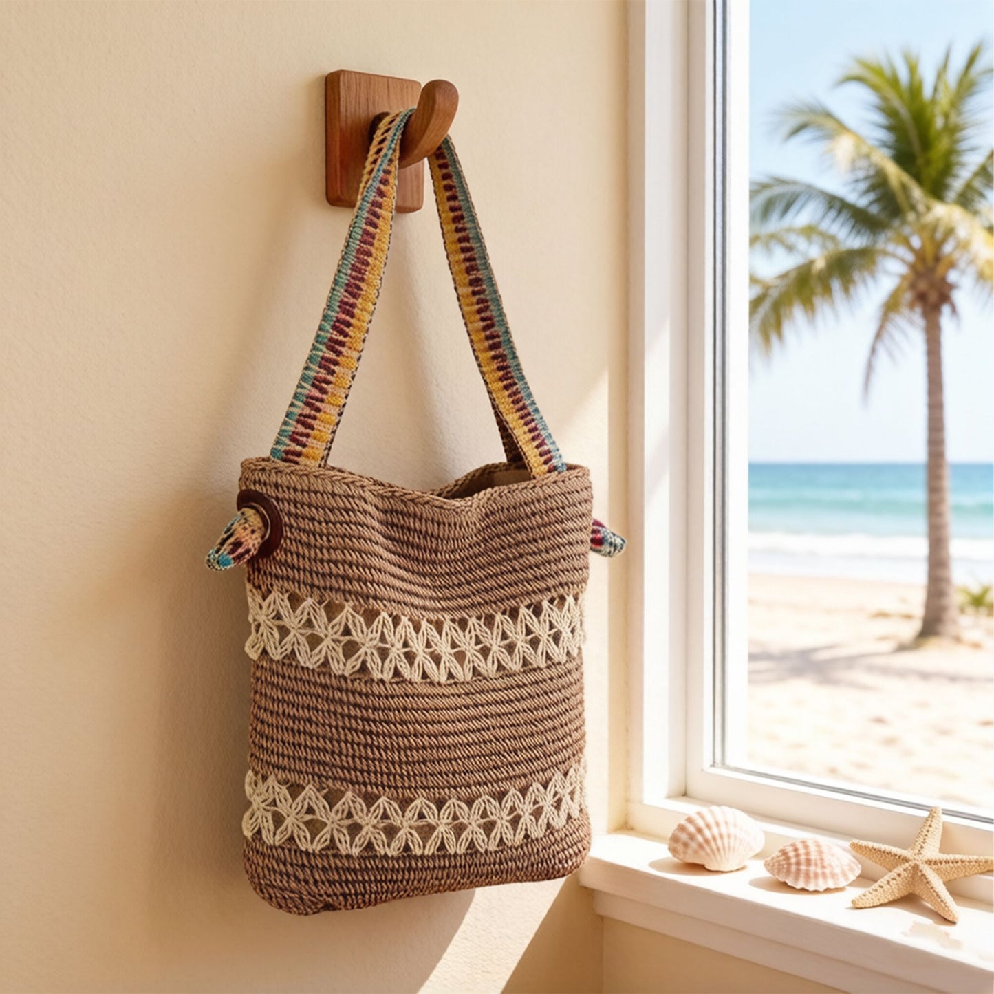 Crochet Shoulder Bag with Patterned Strap Knit Hobo Handbag Lined Casual Everyday Tote