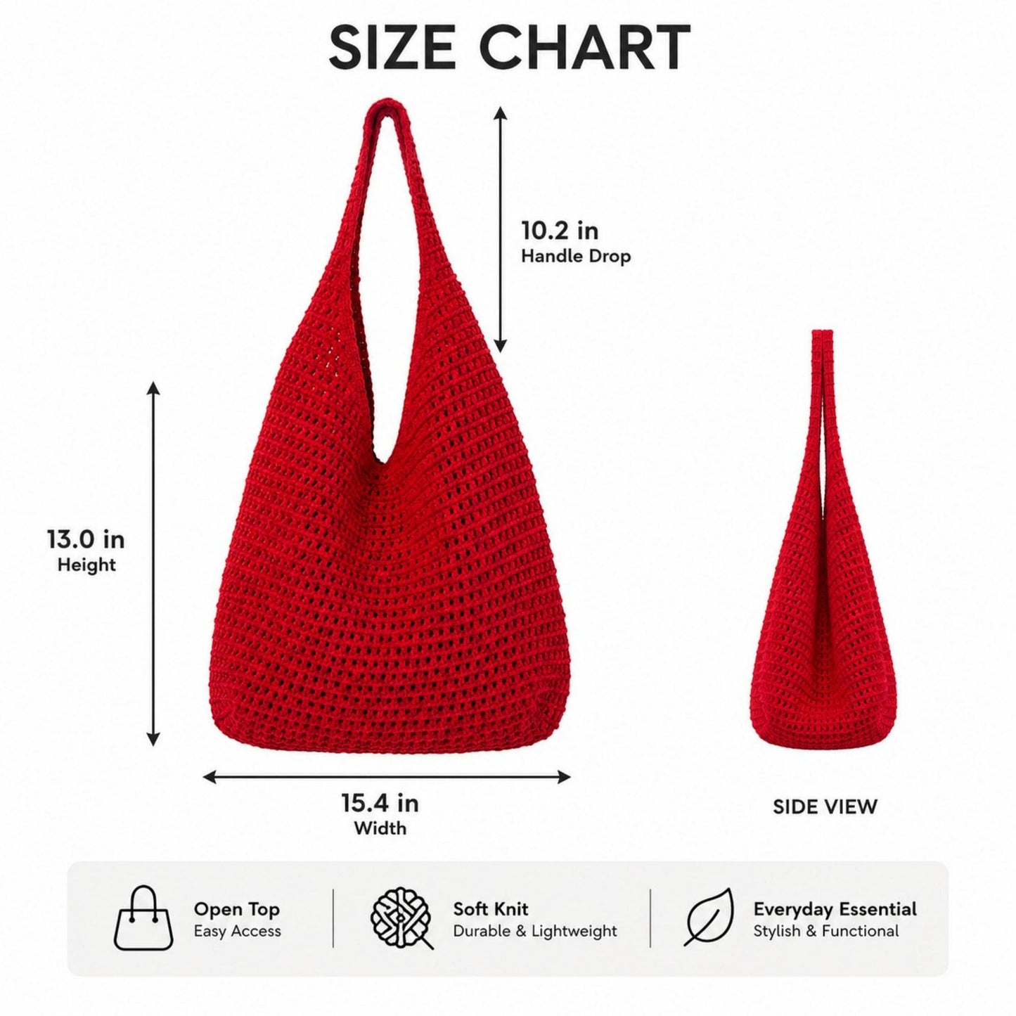 Crochet Tote Bag Red Open Knit Shoulder Bag Large Capacity Hobo Purse