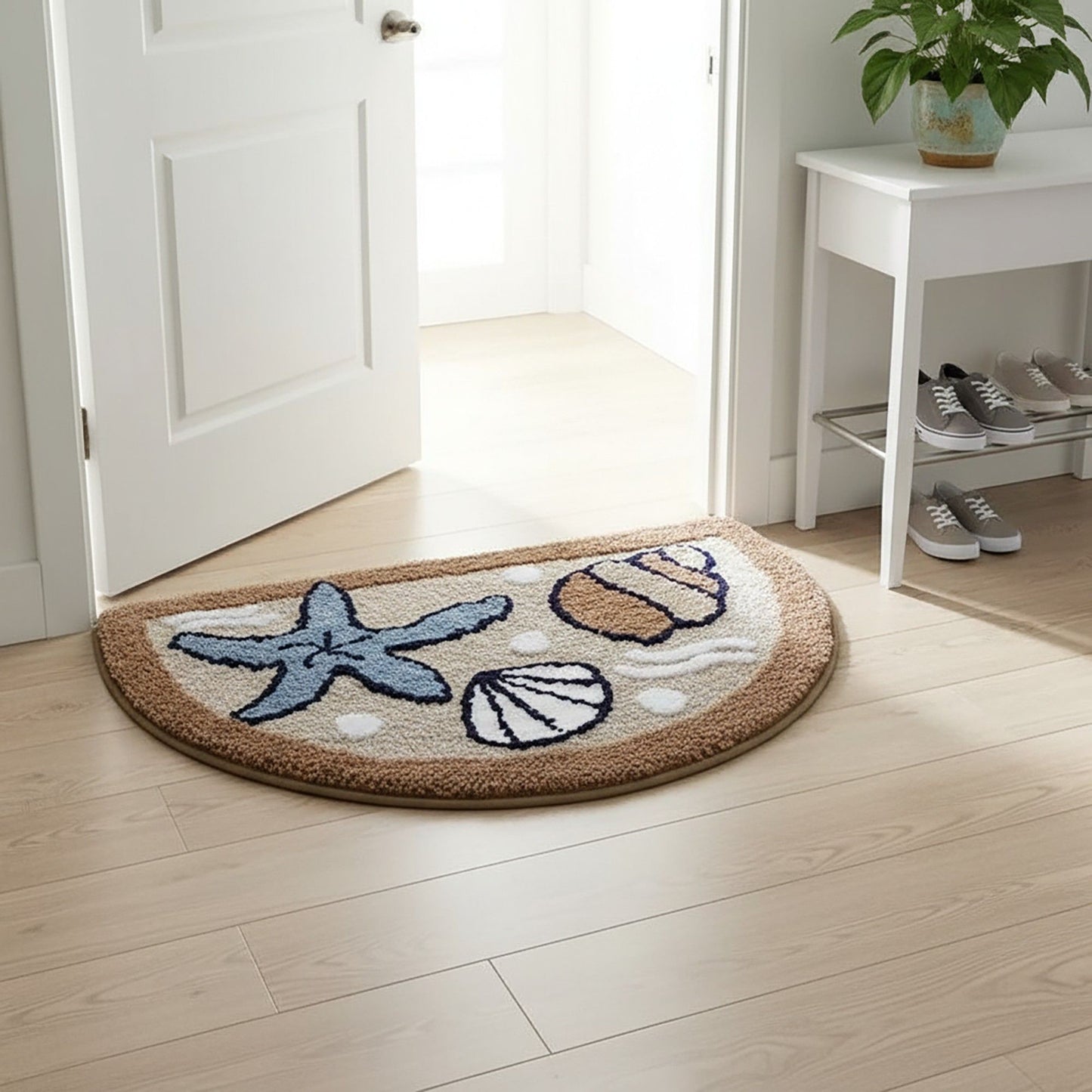 Tufted Floor Mat with Seashell and Starfish Design Non Slip Backing Soft Plush Decorative Entryway Rug