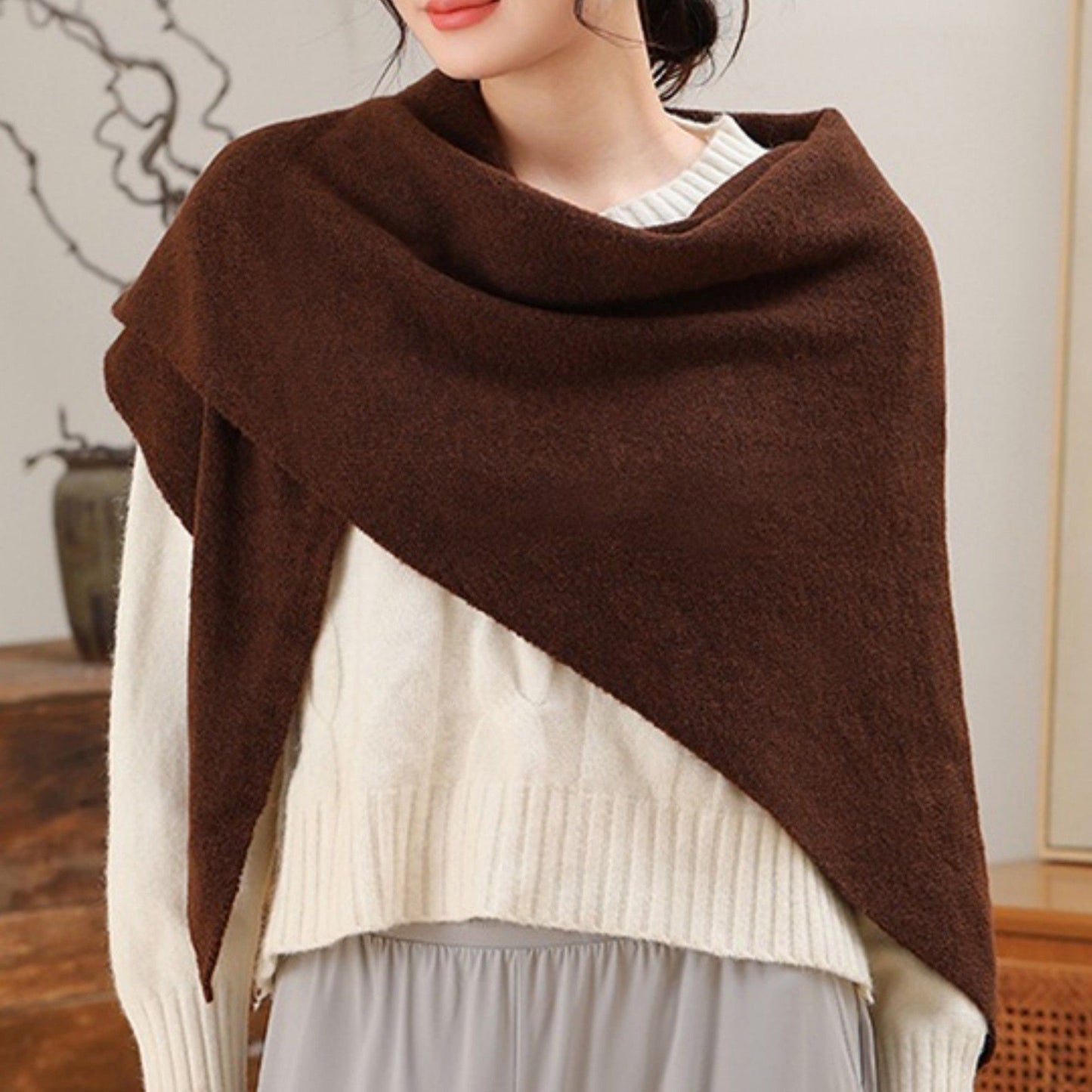 Soft Solid Knit Scarf with Draped Shape, Smooth Textured Finish, and Versatile Wrap Styling Design 68.5x45.5x28.5in