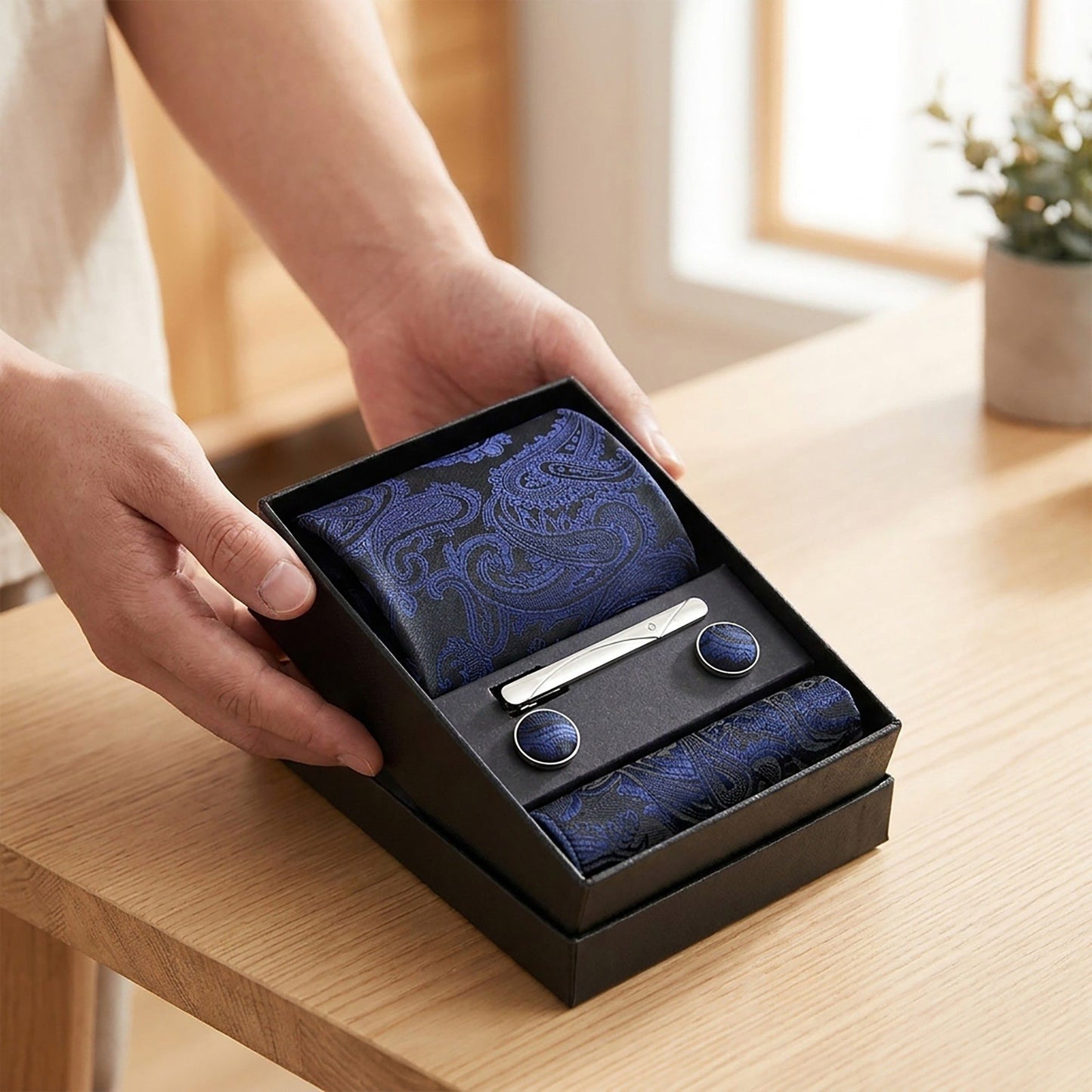 Men's Floral Pattern Tie Gift Set with Matching Pocket Square Cufflinks and Silver Tie Clip
