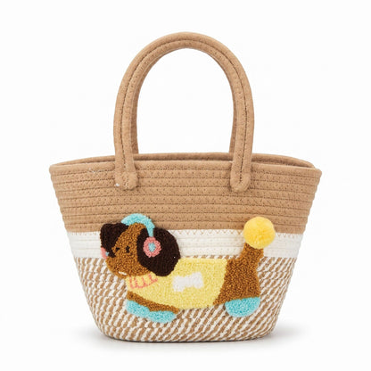 Dog Applique Woven Rope Tote Bag Textured Handbag Casual Summer Carryall